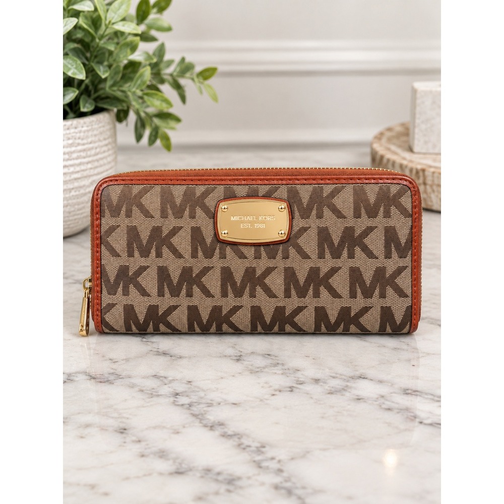 Michael Kors Jet Set Wallet Brown Monogram Canvas Orange Leather Zip Around